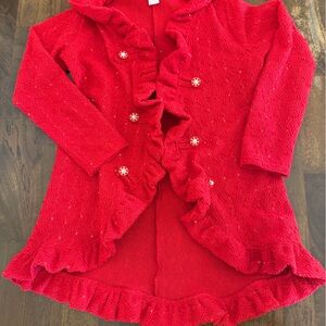 Red Ruffled Cardigan with Button Accents. Womens size M. Trendy. Flattering.